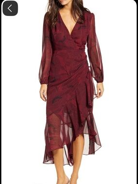 ASTR the label Wrap-Style Burgundy V-Neck Midi Dress